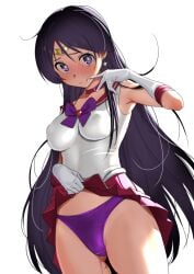 bishoujo_senshi_sailor_moon black_hair blush breasts choker closed_mouth clothes_lift clothing diadem earrings female furuyama_itaru gloves jewelry lifted_by_self long_hair looking_at_viewer medium_breasts panties purple_eyes purple_panties pussy_juice red_choker red_skirt rei_hino sailor_mars sailor_senshi_uniform simple_background skirt skirt_lift small_breasts solo star_(symbol) star_earrings thighs underwear white_background white_gloves