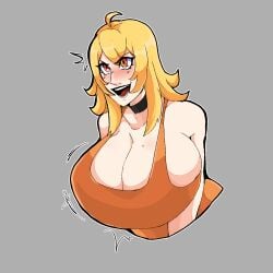 1girls beauty_mark blonde_hair bluueygooey breasts cleavage female female_only huge_breasts medium_hair mole mole_on_breast open_mouth red_eyes rwby smile solo yang_xiao_long