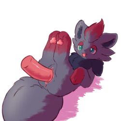 black_body black_fur blue_eyes feet female female_penetrated feral fur generation_5_pokemon genitals hi_res inner_ear_fluff legs_together mrcat11 nintendo paws penetration penis pokémon_(species) pokemon pokemon_(species) raised_leg red_body red_fur red_paws red_penis simple_background tail toes tuft vaginal_penetration zorua