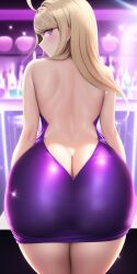 ahoge ai_generated akamatsu_kaede ass ass_cleavage ass_in_dress back_view backless_outfit bar blonde_hair blush butt_crack club danganronpa danganronpa_v3 dress hair_ornament huge_ass large_ass looking_at_viewer looking_back n.c.b_ai nai_diffusion purple_eyes smile sparkles stable_diffusion standing thick_thighs