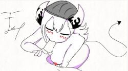 beanie big_breasts blush demon devil_tail eyes_closed fellatio female hair horns long_hair male/female nipples penis red_nipples scan signature sucking tagme tail thighs thin_tail traditional_media_(artwork) white_background