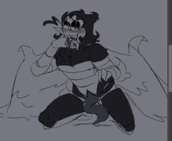 bedroom_eyes black_and_white black_hair deltarune deltarune_chapter_2 fluffy long_tongue male male_only on_knees precum_drip spamton_g_spamton spamton_neo tentacle tentacle_dick wings