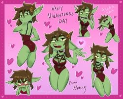 1girls blush bodysuit brown_hair clothing collar female goblin goblin_female green_skin honey_goblin honey_goblin_(artist) humanoid leotard lingerie official_art red_leotard sharp_teeth shortstack smug_face thick_ass thick_eyebrows thick_thighs virtual_youtuber