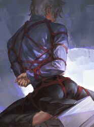 arms_behind_back arms_tied arms_tied_behind_back bondage class_3-z fully_clothed gintama gintoki_sakata glasses hangleing male male_only official_alternate_costume painting_(artwork) rear_view rope rope_bondage rope_harness solo teacher wedgie