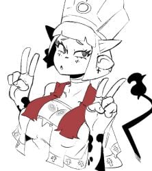 4_ears big_breasts boob_window cow_girl cow_print cow_print_armwear cross cupperexe double_peace_sign earring exposed_shoulder eyebrows_visible_through_hair fingerless_gloves hi_res high_quality holly_(cupperexe) jpeg looking_away_from_viewer neckwear no_text open_mouth original_character peace_sign priest priestess red_scarf tail