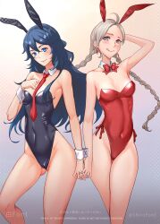 2girls absurdres ahoge alternate_costume animal_ears arm_behind_head ass_visible_through_thighs bangs bare_shoulders blue_eyes blue_hair bow bowtie braid breasts bunny_ears bunny_girl bunnysuit chinese_zodiac commission detached_collar earrings female female_only fire_emblem fire_emblem_awakening fire_emblem_fates grey_hair highres holding_hands jewelry licking_lips long_hair looking_at_viewer low_twin_braids lucina_(fire_emblem) medium_breasts multiple_girls necktie nina_(fire_emblem) nintendo non-web_source parted_bangs playboy_bunny rabbit_ears shiro_font symbol-shaped_pupils tongue tongue_out twin_braids wrist_cuffs year_of_the_rabbit