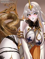 1girls animal aramyx artist_name ass bangs bare_shoulders bare_thighs big_breasts black_lips blonde_hair blush breasts colored_inner_hair curvy embarrassed eyeshadow female female_only fire_emblem fire_emblem_heroes forehead_jewel giant_snake gold_trim grey_hair gullveig_(fire_emblem) horns large_breasts leotard long_hair long_sleeves makeup multicolored_hair nintendo nipple_tape oversized_animal pale_skin pasties plump revealing_clothes signature simple_background single_horn skintight skintight_clothing snake solo tape thick_thighs thighs tight_clothing tight_fit torn_clothes torn_clothing twitter_username two-tone_hair wide_hips yellow_eyes yellow_horns