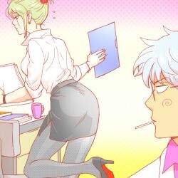 1boy 1girls 3mm blonde_hair blouse class_3-z distracted facial_scar female fully_clothed gintama gintoki_sakata glasses high_heels looking_at_another looking_at_ass male official_alternate_costume pantyhose pencil_skirt pervert school sleeves_rolled_up teacher teachers tsukuyo