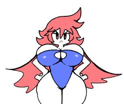 4chan angry arms_on_waist blue_leotard cape cleavage cleavage_cutout kayda_(kinnoh-chan) kinnoh-chan large_breasts large_hips leotard oc pokemon red_eyes red_hair