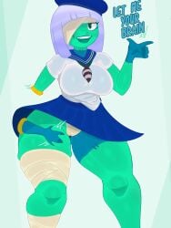 bandage big_breasts big_thighs brawl_stars cyan_body cyan_skin female jacksito_(artist) panty penny_(brawl_stars) pussy sailor_suit skirt smile text trash_panda_penny voluptuous voluptuous_female white_hair zombie zombie_girl