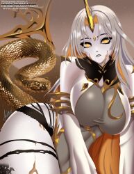 1girls animal aramyx artist_name ass bangs bare_shoulders bare_thighs black_lips blonde_hair breasts colored_inner_hair curvy eyeshadow female female_only fire_emblem fire_emblem_heroes forehead_jewel giant_snake gold_trim grey_hair gullveig_(fire_emblem) horns large_breasts leotard long_hair long_sleeves looking_at_viewer makeup multicolored_hair nintendo oversized_animal pale_skin plump revealing_clothes signature simple_background single_horn skintight skintight_clothing snake solo thick_thighs thighs tight_clothing tight_fit twitter_username two-tone_hair wide_hips yellow_eyes yellow_horns