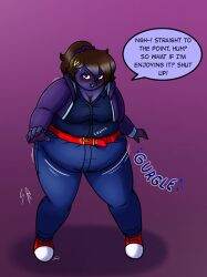 2020 2020s blueberry_girl blueberry_inflation body_inflation brown_hair dialogue digital_media_(artwork) english_text fat purple_background simple_background solo_female speech_bubble sugarrollart swelling text violet_beauregarde