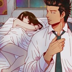 1boy 1girls 3mm after_sex bedroom blanket brown_hair clothed_male_nude_female covered dark_brown_hair dark_hair female gintama hair_down in_bed indoors kondou_isao long_hair male nude_female on_bed on_side partially_covered shimura_tae under_blanket