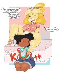 1boy 1girls animal_crossing anthro ass bandage bell big_ass black_hair blonde_fur bottom_heavy bottomless breasts bulge canine chubby chubby_female cleavage clothing cushion_(purple_yoshi_draws) dark-skinned_femboy dark-skinned_male dark_skin dialogue english_text female femboy femboy_on_female fur hairband heels hetero high_heels huge_ass interspecies isabelle_(animal_crossing) kissing_booth kneeling large_breasts mostly_clothed motion_lines navel nervous nintendo no_panties no_pants partially_clothed purple_yoshi_draws sandals shorts sitting slightly_chubby slightly_chubby_anthro slightly_chubby_female speech_bubble spread_legs sweat t-shirt text white_fur yellow_fur