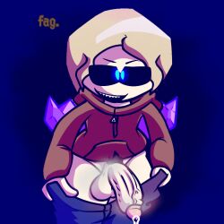 1boy 1male balls bent_over big_balls big_penis black_sclera blonde_hair blue_iris brown_hoodie crystal_hair glowing_eyes looking_at_viewer male_only original_character penis precum pulling_down_pants self_upload semi-erect slur spricvk thighs