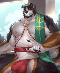 anthro belt bernese_mountain_dog black_body black_fur brown_body brown_fur bulge canid canine canis chest_tuft claws clothing cloud detailed_bulge domestic_dog facial_hair fur genital_outline green_eyes hair hi_res looking_at_viewer male mammal molosser mountain_dog muscular muscular_anthro muscular_male nipples penis_outline pillar plant sash scar swiss_mountain_dog taki_kaze tree tuft underwear white_body white_fur white_hair