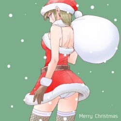 1:1 3mm alternate_costume blonde_hair bra christmas christmas_outfit female female_only fishnet_thighhighs fishnets fur_trim gintama gloves looking_at_viewer looking_back lowres panties santa_hat solo thighhighs tsukuyo upskirt white_bra white_panties