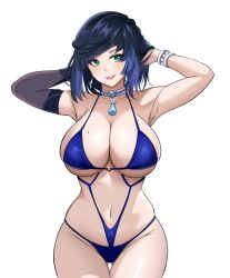 azmiyudista breasts female female_only genshin_impact green_eyes open_mouth solo swimsuit tagme white_background white_skin yelan_(genshin_impact) zuyuzuyu6