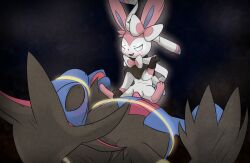 beautyfromabove blue_eyes blush duo eeveelution female fur generation_5_pokemon generation_6_pokemon genitals hydreigon male male/female nintendo paws penis pokemon pokemon_(species) pussy sex sylveon