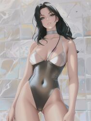 ai_generated belly_button black_hair blue_eyes curvaceous curvy curvy_body curvy_female curvy_figure cute cute_female female female_focus female_only looking_at_viewer looking_up one-piece_swimsuit stable_diffusion swimsuit swimsuits swimwear