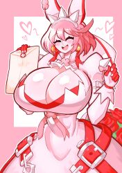 belt big_breasts blush bride closed_eyes dress elphelt_valentine gloves guilty_gear guilty_gear_xrd happy huge_breasts open_mouth pink_hair skirt vkid wedding_dress