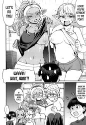 1boy 2girls big_breasts breasts chiba_toshirou curvy dark-skinned_female dark_elf dark_skin doujinshi elf elf-san_wa_yaserarenai elfuda female humanoid kuroeda long_hair monochrome naoe_tomoatsu nipples plump pointy_ears short_hair speech_bubble tagme tank_top text thick_thighs white_hair wide_hips