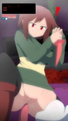 2d aged_up below_view boots bottomless chara color dominant_female exhibitionism exhibitionist exposed exposed_ass exposed_pussy female_chara female_human froggit human looking_down looking_up male no_panties penis thigh_highs thighhighs uncensored undertale undertale_(series) yandere zukafu_shimoto