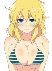 1girls bangs bikini_top blonde_hair blue_eyes collarbone female front_view green_eyes heterochromia ichiryuu_tsumiki large_breasts light-skinned_female light_skin long_hair looking_at_viewer messy_hair ryouna_(senran_kagura) senran_kagura simple_background solo squeezing striped_bikini white_background