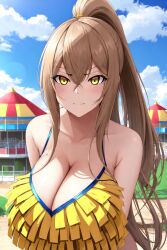 ai_generated amagi_brilliant_park amusement_park angry angry_face arms_down bangs bare_shoulders big_breasts blush brown_hair cheerleader cheerleader_uniform close-up embarrassed holaraai huge_breasts light_brown_hair long_hair looking_at_viewer massive_breasts outside ponytail public ribbon sento_isuzu serious shy tank_top very_long_hair yellow_eyes