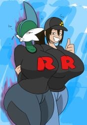 2020 2girls big_boobs big_breasts cap clothes dark_brown_hair female female_gallade female_only female_protagonist_(pokemon_go) gallade genderswap huge_breasts igphhangout looking_at_viewer pokémon_(species) pokemon pokemon_(species) pokemon_go ponytail red_eyes red_eyes_female rule_63 smile smiling smiling_at_viewer team_rocket_uniform thick_thighs