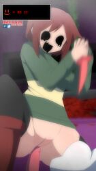 2d aged_up below_view boots bottomless chara color dialogue dominant_female english english_dialogue english_text exhibitionism exhibitionist exposed exposed_ass exposed_pussy female_chara female_human froggit human looking_down looking_up male no_panties penis text thigh_highs thighhighs uncensored undertale undertale_(series) yandere zukafu_shimoto