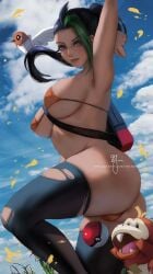 1girls ass bag big_breasts bikini black_hair breasts dark_skin fletchling fuecoco green_hair looking_at_viewer nemona_(pokemon) nintendo pokeball pokemon pokemon_sv ponytail sideboob stockings thighs torn_clothes torn_stockings two_tone_hair wei_(promise_0820) weisart yellow_eyes