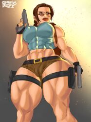 2022 abs backpack biceps big_lips braid brown_eyes brown_hair busty crop_top erect_nipples eyewear female female_focus fingerless_gloves greivs gun hourglass_figure hyper_muscles hyper_thighs lara_croft lara_croft_(classic) lipstick long_hair makeup muscle_tone muscles muscular muscular_female muscular_legs muscular_thighs navel pistol short_shorts solo solo_female sunglasses tagme tank_top thick_thighs thigh_holster tinted_eyewear tomb_raider toned toned_female wide_hips