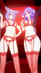 2girls 3d 3d_(artwork) ahoge bare_midriff bare_pussy bare_shoulders belly_button big_breasts blue_hair bob_cut braid breasts dragon_girl dragon_hand dragon_tail duo duo_female duo_focus elira_pendora exposed_breasts exposed_nipples exposed_pussy exposed_shoulders exposed_torso garter_belt_leggings garter_straps hair_covering_eye hair_over_one_eye hair_wings hairclip head_wings heterochromia hi_res highres koidragoon koikatsu legwear lingerie looking_at_viewer looking_down midriff navel nijisanji nijisanji_en one_eye_covered one_eye_obstructed pubic_hair purple_hair pussy red_lingerie red_room selen_tatsuki short_hair thighhighs twin_braids uncensored vagina virtual_youtuber