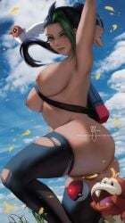 1girls ass bag big_breasts black_hair breasts censored dark_skin fletchling fuecoco green_hair looking_at_viewer nemona_(pokemon) nintendo nipples nude pokeball pokemon pokemon_sv ponytail sideboob stockings thighs torn_clothes torn_stockings two_tone_hair wei_(promise_0820) weisart yellow_eyes