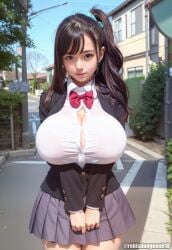 1girls ai_generated asian bimbo black_hair cowboy_shotside_ponytail day facing_viewer hourglass_figure huge_ass huge_breasts legs_together looking_at_viewer outdoors pleated_skirt rebis school_uniform schoolgirl seina_(rebis) skirt solo standing straight-on wide_hips