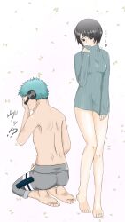 1boy 1boy1girl 1girls after_sex bangs bare_legs bare_thighs barefoot barely_clothed black_hair blue_hair blush borrowed_clothes borrowed_garments bottomless breasts chojuro choujuurou couple covering covering_face covering_self embarrassed facing_away glasses kneeling kurotsuchi light_blue_hair looking_at_viewer looking_away male/female mostly_nude naked_sweater naruto naruto_(series) naruto_shippuden seiza shirtless shirtless_(male) short_hair shy sitting sleeves_past_wrists standing straight sweater_only teenage_couple turtleneck turtleneck_sweater wearing_others_clothes wearing_partner's_clothes xblackbellx