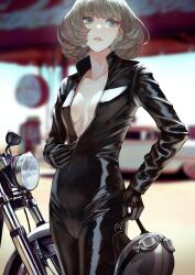 1girls bodysuit breasts catsuit cleavage helmet hi_res idolmaster kaoming latex motorcycle shiny_clothes short_hair skin_tight solo sweat takagaki_kaede tight_clothing unzipped unzipped_bodysuit unzipping zipper