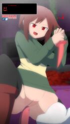 2d aged_up below_view boots bottomless chara color dialogue dominant_female english english_dialogue english_text exhibitionism exhibitionist exposed exposed_ass exposed_pussy female_chara female_human froggit human looking_down looking_up male no_panties penis text thigh_highs thighhighs uncensored undertale undertale_(series) yandere zukafu_shimoto