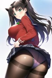 ai_generated ass ass_focus blush breasts brown_hair cameltoe fate/stay_night fate_(series) female from_behind green_eyes hair_ribbon huge_ass large_breasts long_hair looking_at_viewer miniskirt open_mouth panties panties_under_pantyhose pantyhose school_uniform schoolgirl shiny shiny_clothes shiny_hair shiny_skin sideboob skirt skirt_hold skirt_lift smile solo thick_thighs tohsaka_rin two_side_up upskirt