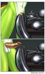 alien alien_(franchise) alien_humanoid anthro balls balls_deep bodily_fluids breasts comic deep_throat digital_media_(artwork) duo eliana-asato erection eyeless fellatio female female_penetrated genitals glistening glistening_body glistening_skin green_body green_lips green_scales green_skin grey_body grey_skin hi_res humanoid humanoid_genitalia humanoid_penis lips lying male male/female male_penetrating male_penetrating_female metal_girl metal_skin metallic_body neck_bulge not_furry nude on_back open_mouth oral oral_penetration penetration penile penis saliva saliva_string scales scalie sex simple_background translucent translucent_body wet wet_lips wet_penis