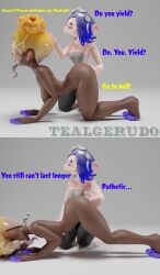 2girls 3d 3d_(artwork) big_breasts blender blender_(software) chocolate_and_vanilla clothed clothed_female clothed_female_nude_female dark-skinned_female dark_skin female/female female_domination female_ejaculation female_on_top females_only femdom fingering fingering_partner frye_(splatoon) light-skinned_female light_skin nintendo nude_female shiver_(splatoon) splatoon squirting tealgerudo tentacle_hair watermark yuri