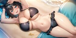 ai_generated animal_ears armpits beach bikini black_hair blue_eyes blush breasts cleavage eishin_flash_(umamusume) hi_res horse_ears horse_girl huge_breasts lying navel plump short_hair stable_diffusion thick_thighs umamusume