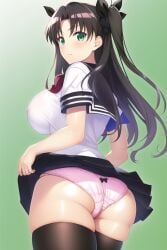 ai_generated ass ass_focus blush breasts brown_hair cameltoe fate/stay_night fate_(series) female from_behind green_eyes hair_ribbon huge_ass large_breasts long_hair looking_at_viewer miniskirt panties pink_panties school_uniform schoolgirl shiny shiny_clothes shiny_hair shiny_skin sideboob skirt skirt_hold skirt_lift smile solo thick_thighs thighhighs tohsaka_rin two_side_up