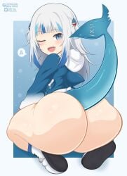 1girls a_(gawr_gura) ass ass_focus big_ass bite_mark blue_background blue_eyes blush dat_ass deviltokyo female gawr_gura hololive hololive_english hololive_myth huge_ass kneeling light-skinned_female light_skin long_hair open_mouth pointy_teeth shark_girl shark_tail shoes smile sweater tail text text_bubble thick_thighs virtual_youtuber white_background white_hair wink