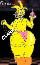 animatronic areolae ass ass_focus big_ass big_breasts big_butt black_eyes blush clothing five_nights_at_freddy's fnaf looking_at_viewer pavinlu slap slapping slapping_butt toy_chica_(fnaf) toy_chica_(love_taste) white_eyes yellow_body yellow_eyes