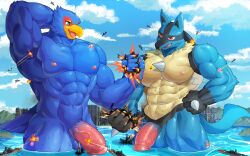 2023 2boys absurd_res aircraft airplane alternate_version_available avian bird blue_body blue_fur canid canine city destruction duo falco_lombardi flaccid fur gay generation_4_pokemon genitals green_eyes hi_res jet lucario macro male male/male mammal mayar muscular muscular_male nintendo penis pokemon pokemon_(species) red_eyes sea ship star_fox vehicle water watercraft