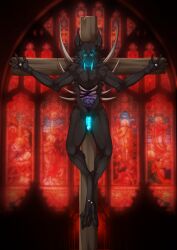 blue_fangs_(castlevania) blue_penis castlevania castlevania_(netflix) church_interior cross crucified crucifixion demon demon_boy detailed_background fangs glowing_penis gore guts looking_at_viewer male monster monster_boy shadoweyenoom smiling teratophilia