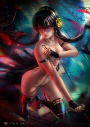 1girls assassin axsens black_hair breasts female female_only holding_weapon human looking_at_viewer nude pubic_hair pussy red_eyes solo spy_x_family stiletto_(weapon) uncensored yor_briar