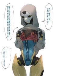 abyuramu android animification apex_legends ash_(apex_legends) ash_(titanfall) black_sclera blue_leotard bra clothes_lift colored_sclera cracked_skin female grey_hoodie hood hoodie hoodie_lift japanese_text leotard looking_at_viewer metal_skin red_bra robot robot_girl solo solo_female titanfall translation_request underwear yellow_eyes